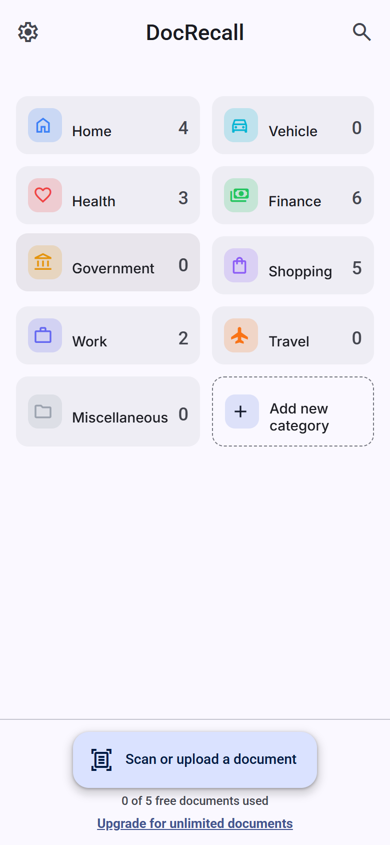 DocRecall categories on a phone